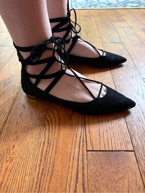 Aquazzura Christy flats. Black Suede Pointed-Toe Lace-Up flats